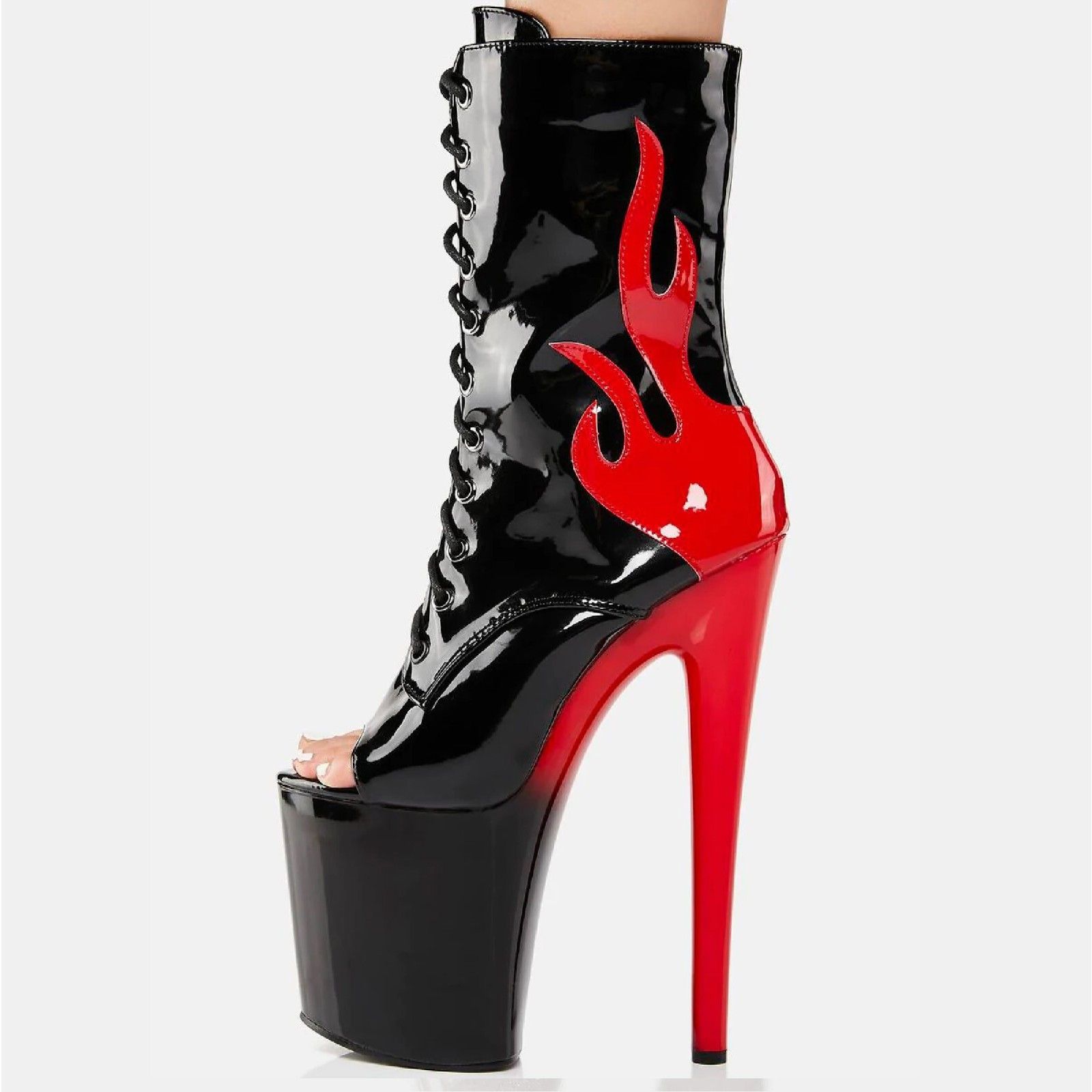 Other Bulls Black Patent Open Toe Red Flame Platform High Heel Mid Size US 6 / IT 36 - 8 Thumbnail