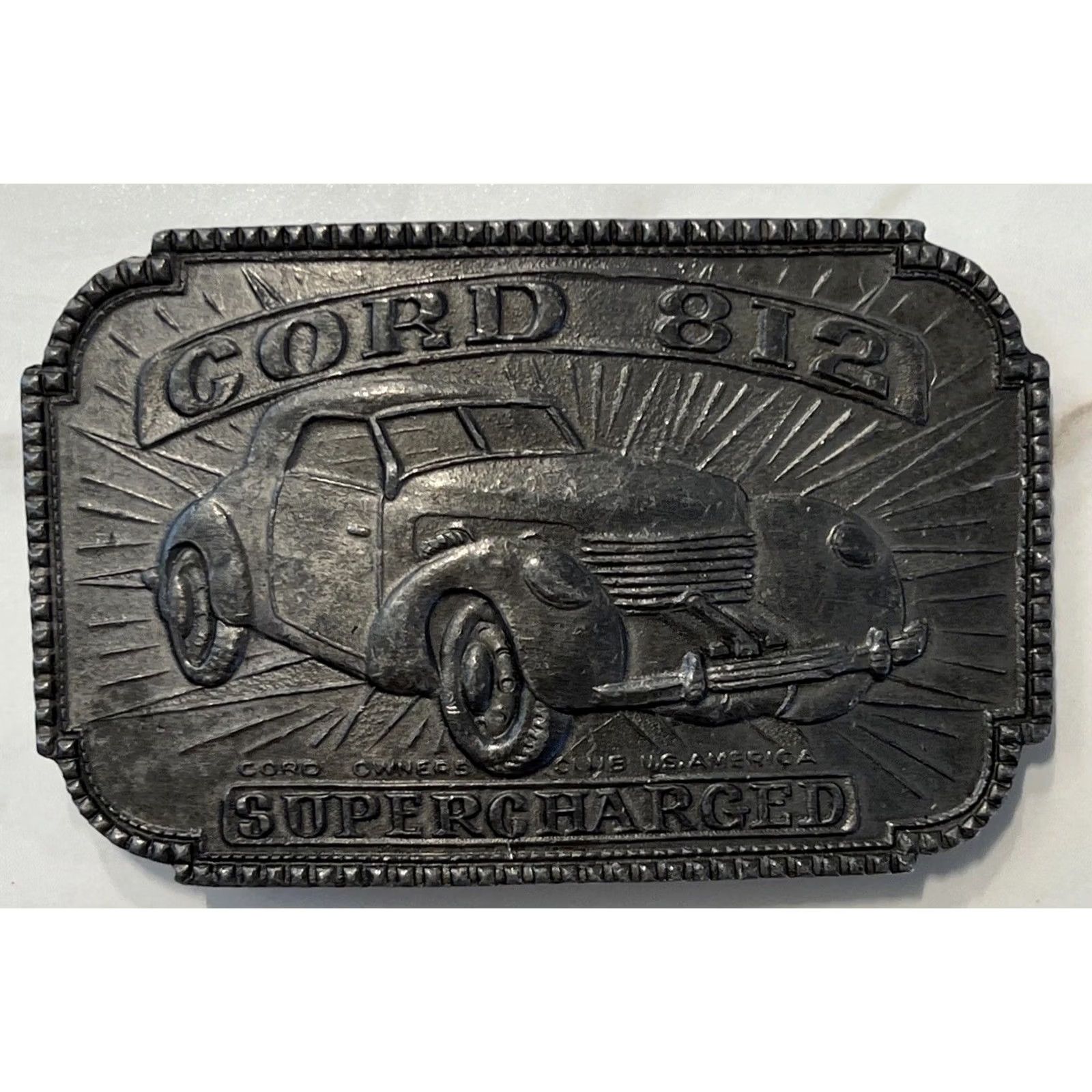 Vintage VINTAGE CORD Owners Club US Belt Buckle Cord 812 Supercharged Metal Silver Men 1980s Cars Size ONE SIZE - 2 Thumbnail