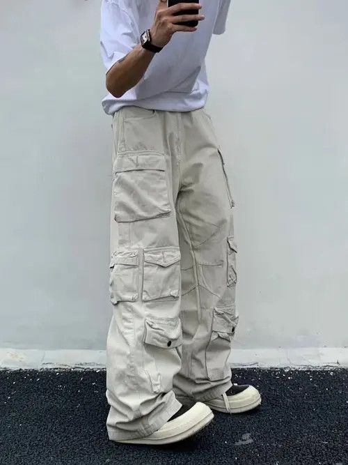 image of Vintage Cargo Pants Multi-Pockets Harajuku Straight Trousers in White, Men's (Size 32)