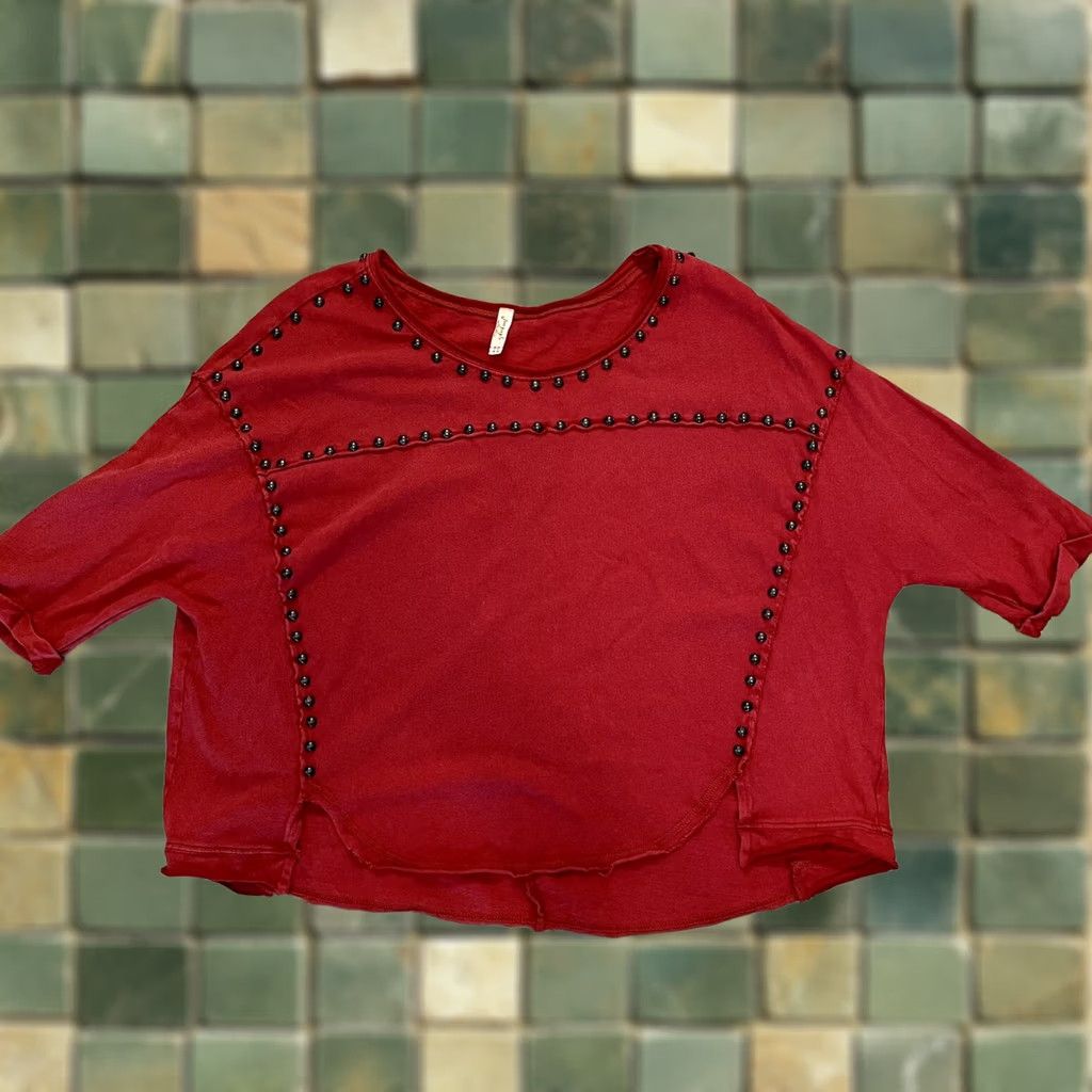 Free People VINTAGE Free People Red Studded Oversized Short Sleeve Cropped Boho Sweatshirt Size S Womens Size S / US 4 / IT 40 - 1 Thumbnail