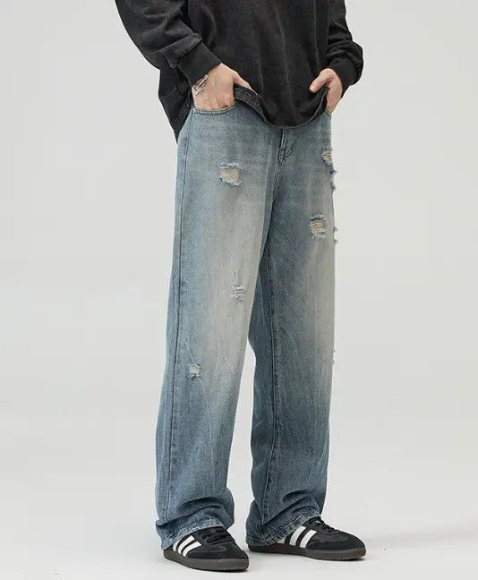 VIBE Men's straight wide-leg vintage washed ripped baggy jeans Size US 32 / EU 48 - 8 Thumbnail