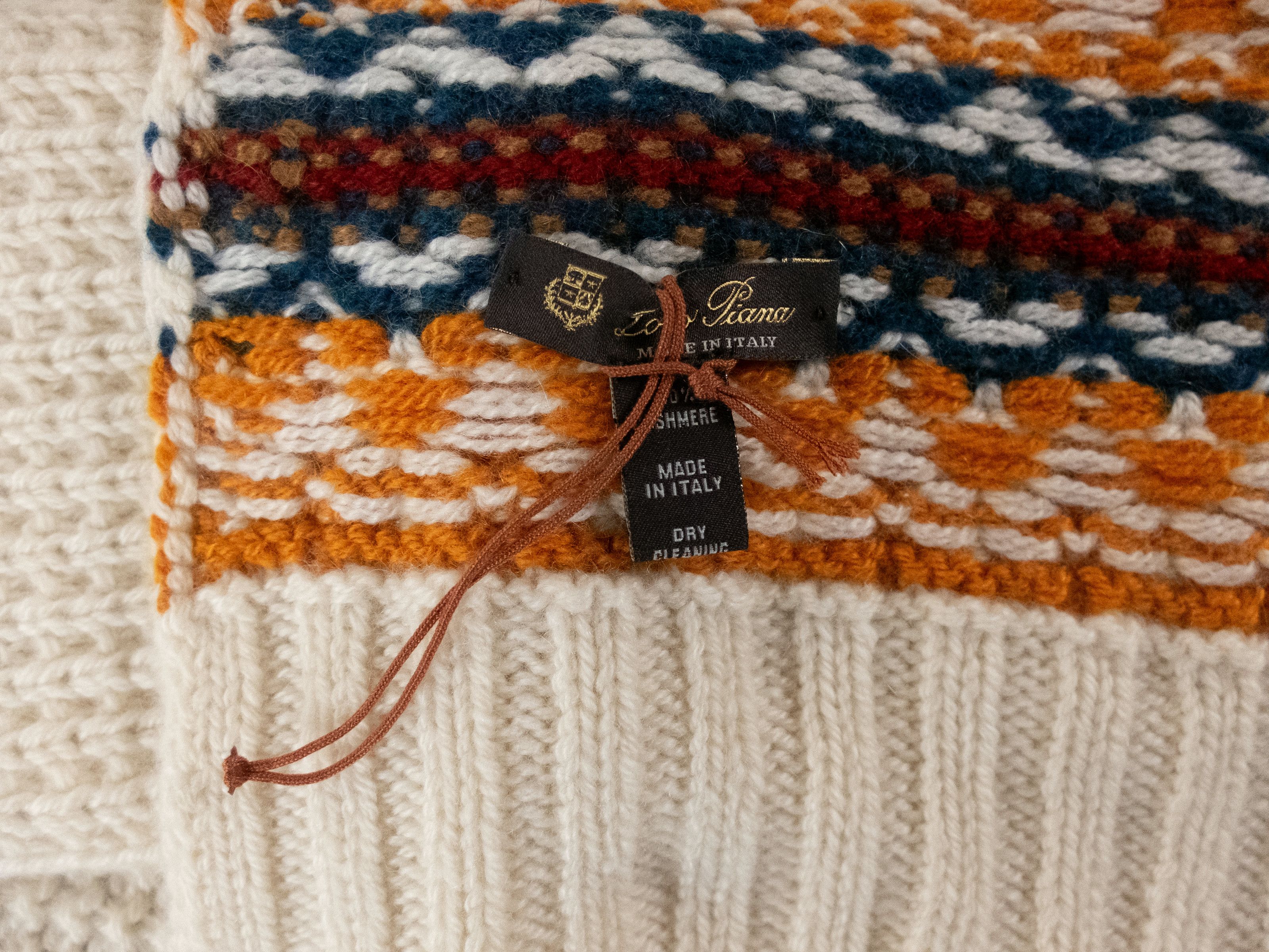 LORO PIANA Glacier Fairisle ecru knit pure cashmere scarf