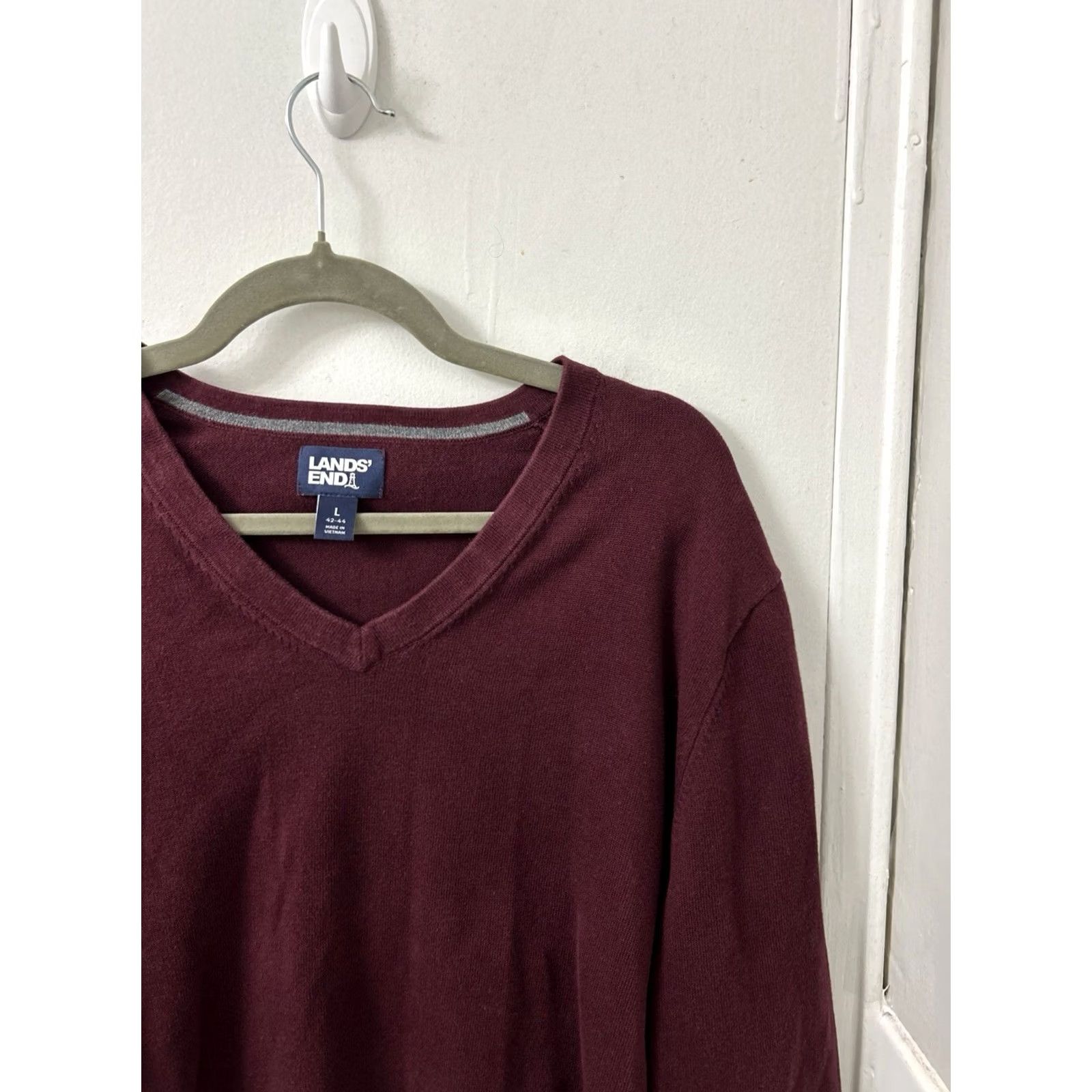 Lands' End Lands' End Mens Sweater Pullover V-Neck 100% Cotton Burgundy Maroon L Large Knit Long Sleeve Classic Modern Size US L / EU 52-54 / 3 - 4 Thumbnail