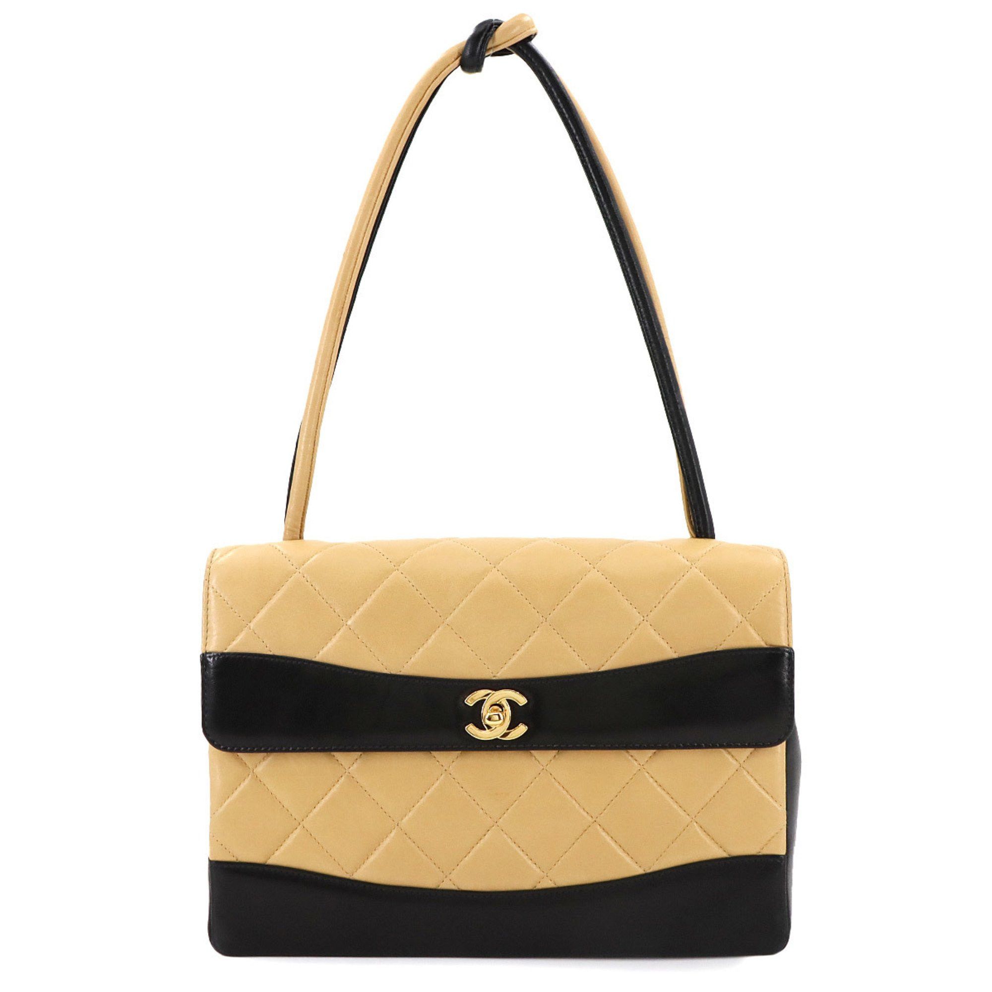 Chanel Matelasse Shoulder Bag Leather Beige Black Gold Metal Fittings Bicolor, Women's
