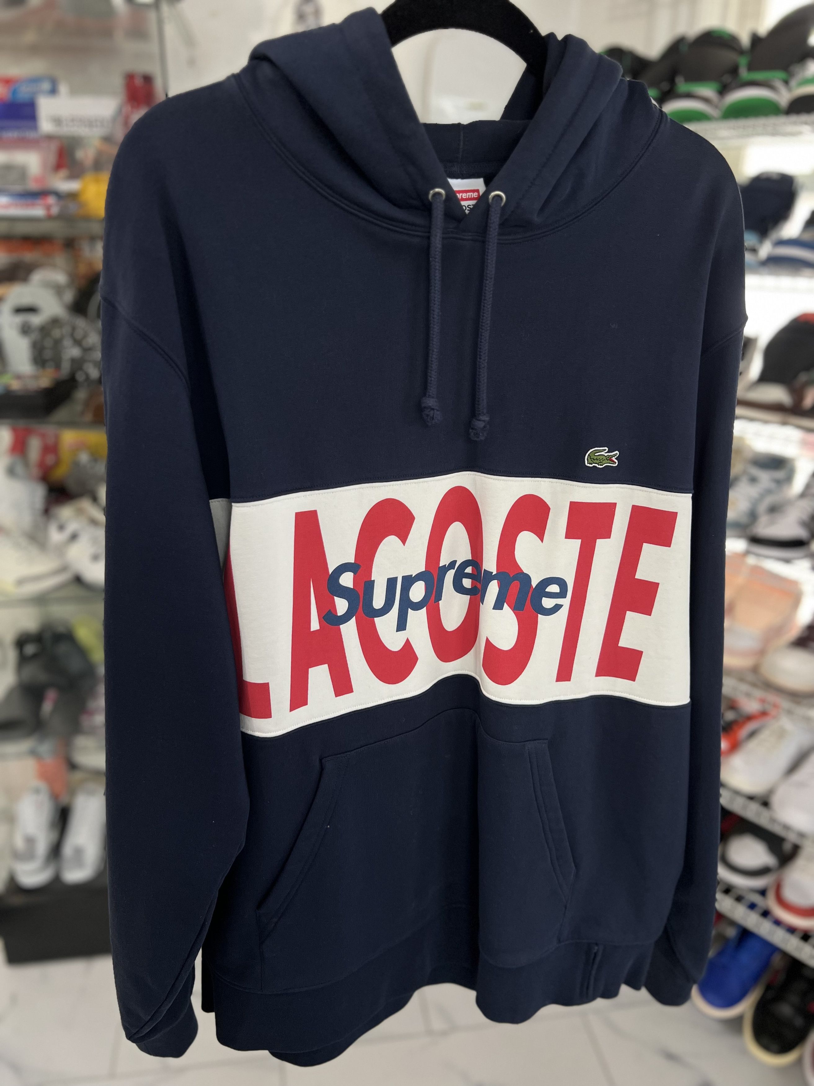 Supreme Supreme x Lacoste Logo Paneled Hooded Sweatshirt FW19 Navy | Grailed