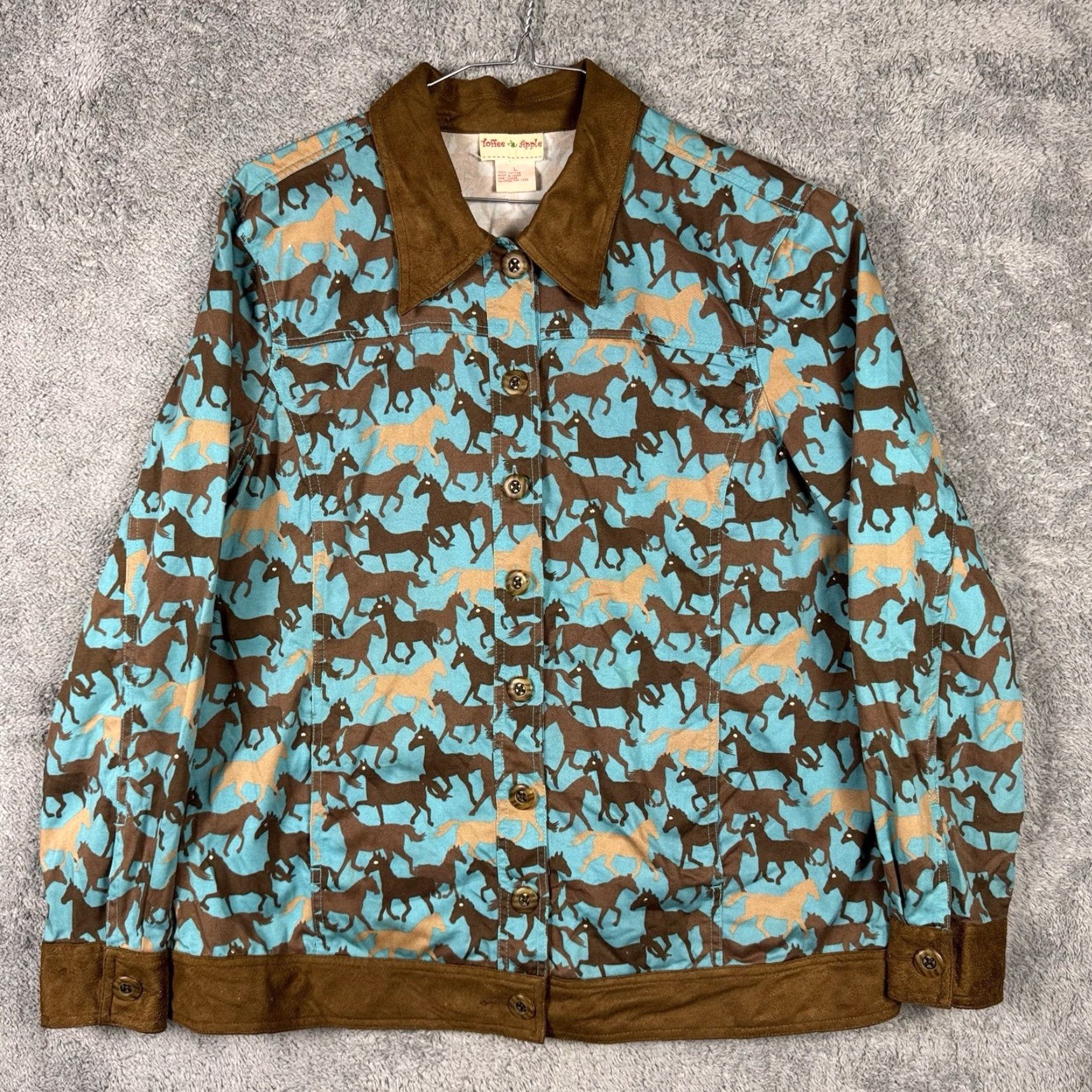 Apple Toffee Apple Jacket Women's L Canvas Horse Faux Leather Equestrian Western Cowgirl Horse Pattern Button Closure Casual Travel Fall Winter Spring Blue Size L / US 10 / IT 46 - 5 Thumbnail