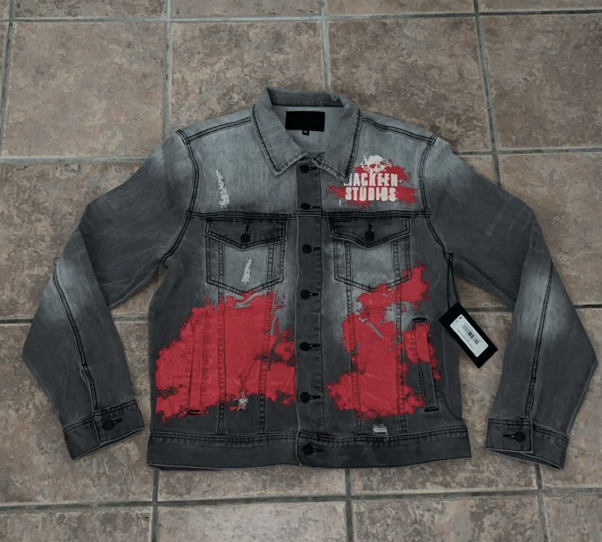 Designer Distressed denim jacket with skulls and red splatter design Size US XL / EU 56 / 4 - 3 Thumbnail