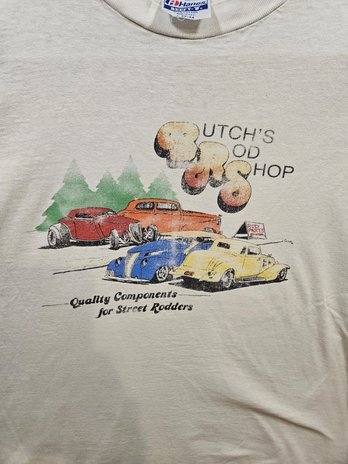 Vintage Vintage 80s Hot Rod Shop Graphic T-Shirt Hanes Tag 80s Size US L / EU 52-54 / 3 - 3 Thumbnail