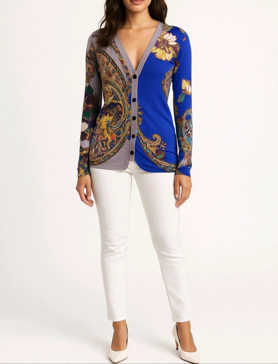 Etro Cardigan Blue Paisley Silk Ruched Long Sleeve Colorful Gift Size S / US 4 / IT 40 - 1 Thumbnail