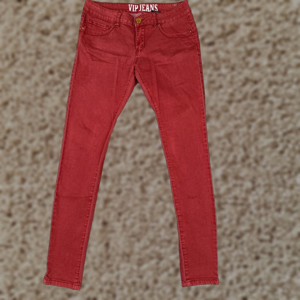 Vintage VIP Jeans Red Denim Skinny Jeans Womens 31x31 Mid Rise Cotton Blend Stretch 11 Regular 5-Pocket Distressed Buttons Vintage No Size 32" / US 10 / IT 46 - 1 Thumbnail