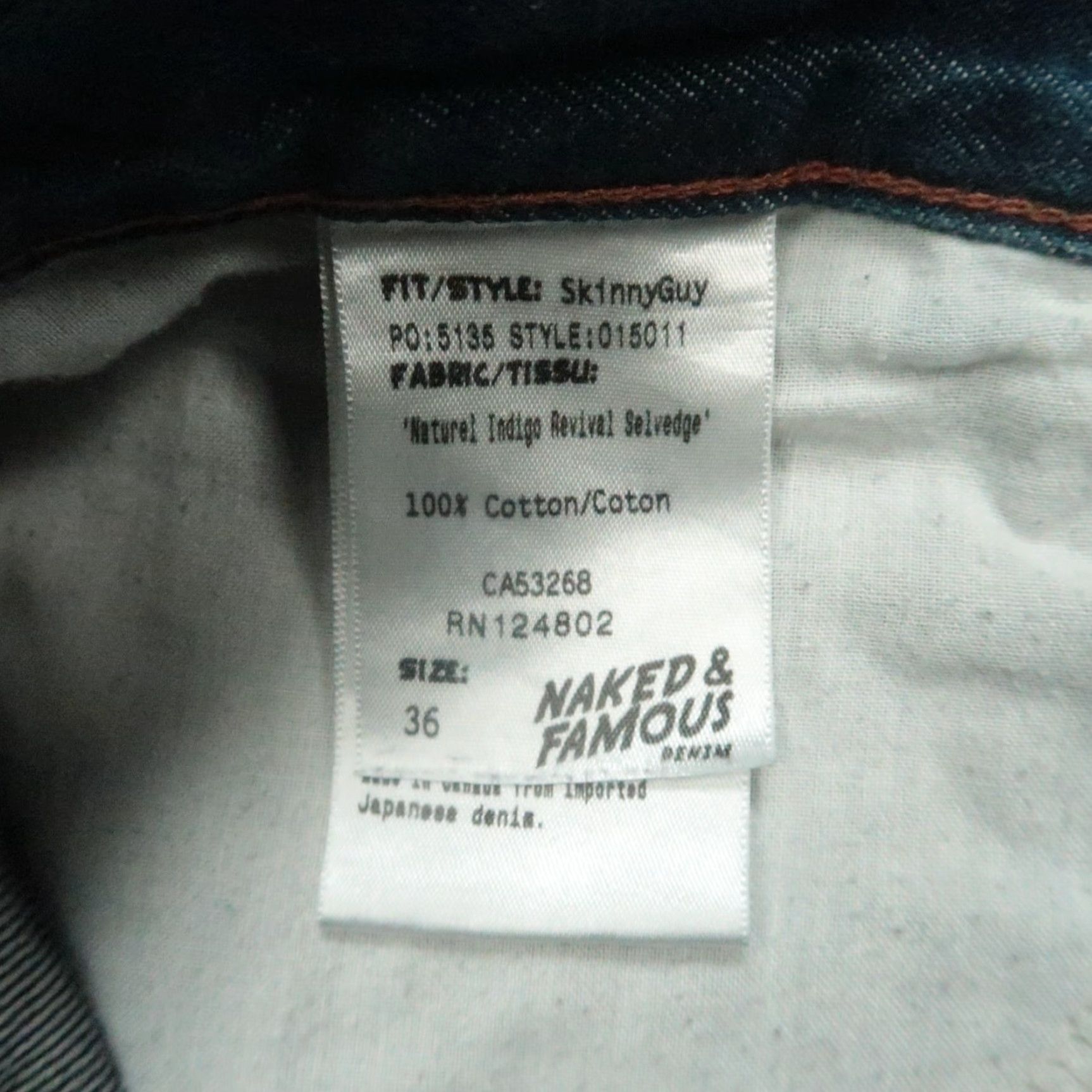 Vintage Naked & Famous Denim Jeans Mens 34x31 Indigo Revival Selvedge Button Fly Slim Straight 5-Pocket Size US 34 / EU 50 - 7 Thumbnail