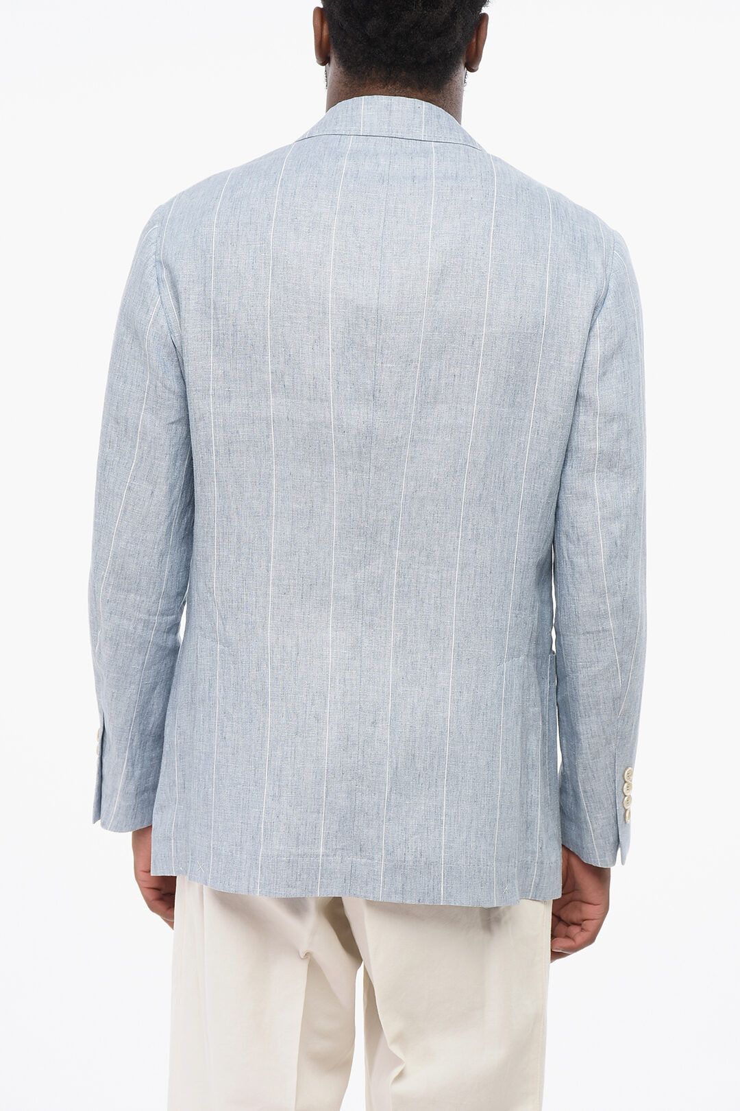 Brunello Cucinelli og1mm0725 Double-breasted Pinstriped Linen Blazer Light Blue Size US M / EU 48-50 / 2 - 2 Thumbnail