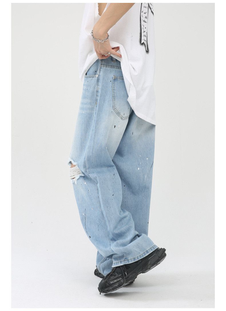 Japanese Brand Light blue ink-washed distressed wide-leg ripped jeans Size US 32 / EU 48 - 5 Thumbnail