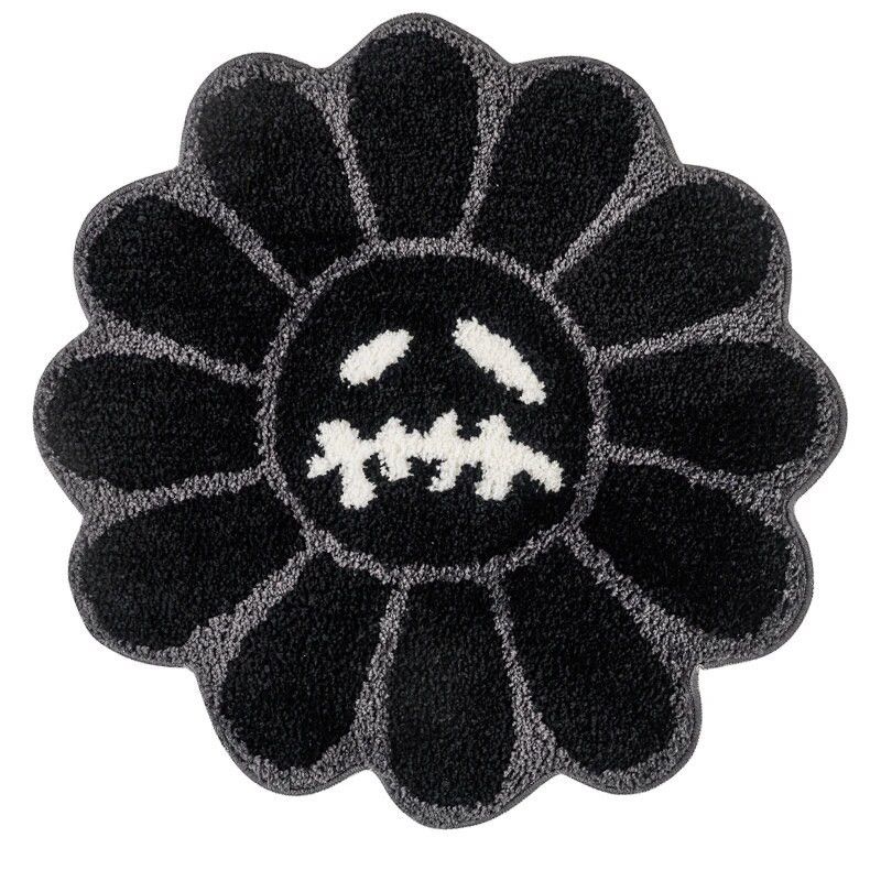 Vintage Handmade Dead Black Flower Rug Plush Fluffy Home Decor