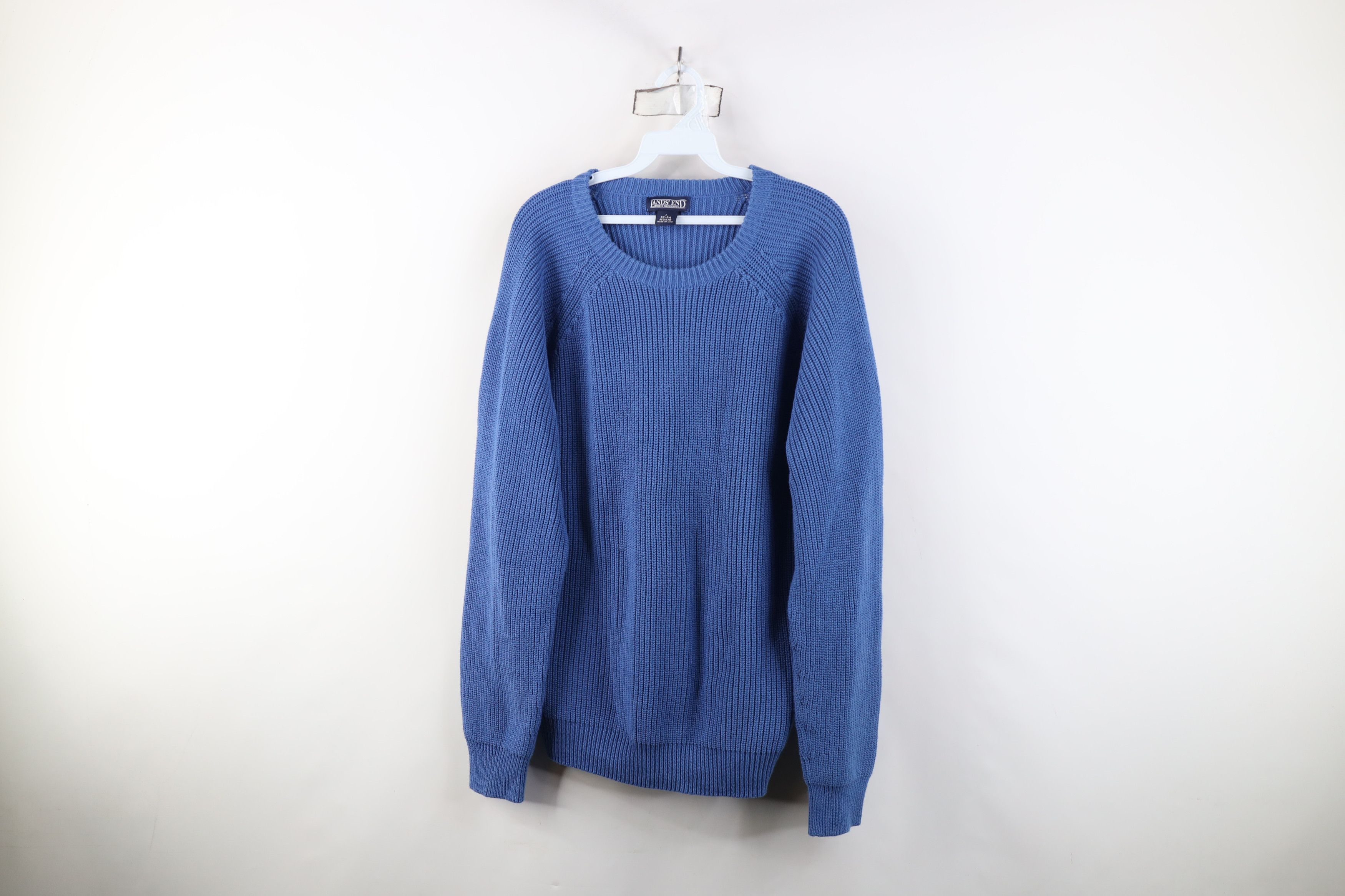 Lands' End Vintage 90s Lands End Cotton Ribbed Knit Sweater Blue USA Size US L / EU 52-54 / 3 - 1 Thumbnail