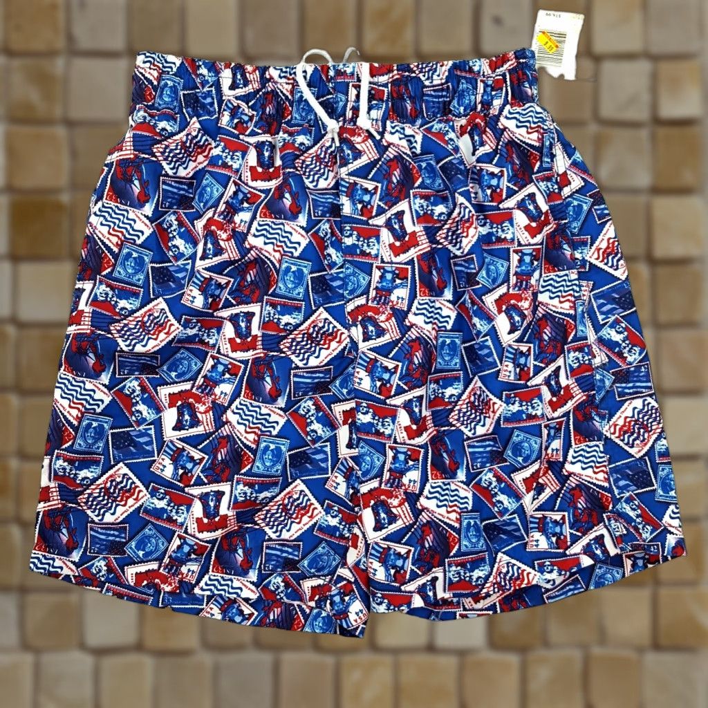 Vintage American Flag Patriotic Stamp Retro Print Mens Board Shorts Swimming Trunks Size S Blue USA Pattern All Over Print Islander Bottoms Swim Shorts Size US 29 - 1 Thumbnail