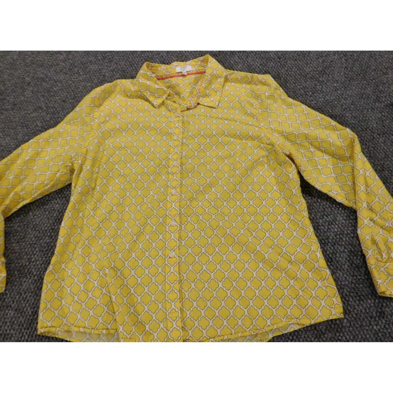 Vintage Crown & Ivy Womens Button-Up Blouse PXL Petites Yellow Floral Knit 100% Cotton Button Front Long Sleeve Collared Casual Regular Mens/Womens Size XL / US 12-14 / IT 48-50 - 4 Thumbnail