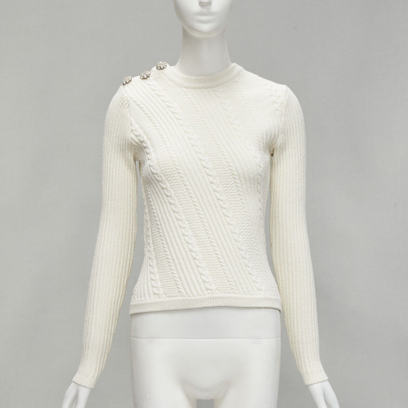 Ganni GANNI ivory crystal button textured knit cotton blend sweater top XS Size S / US 4 / IT 40 - 1 Thumbnail