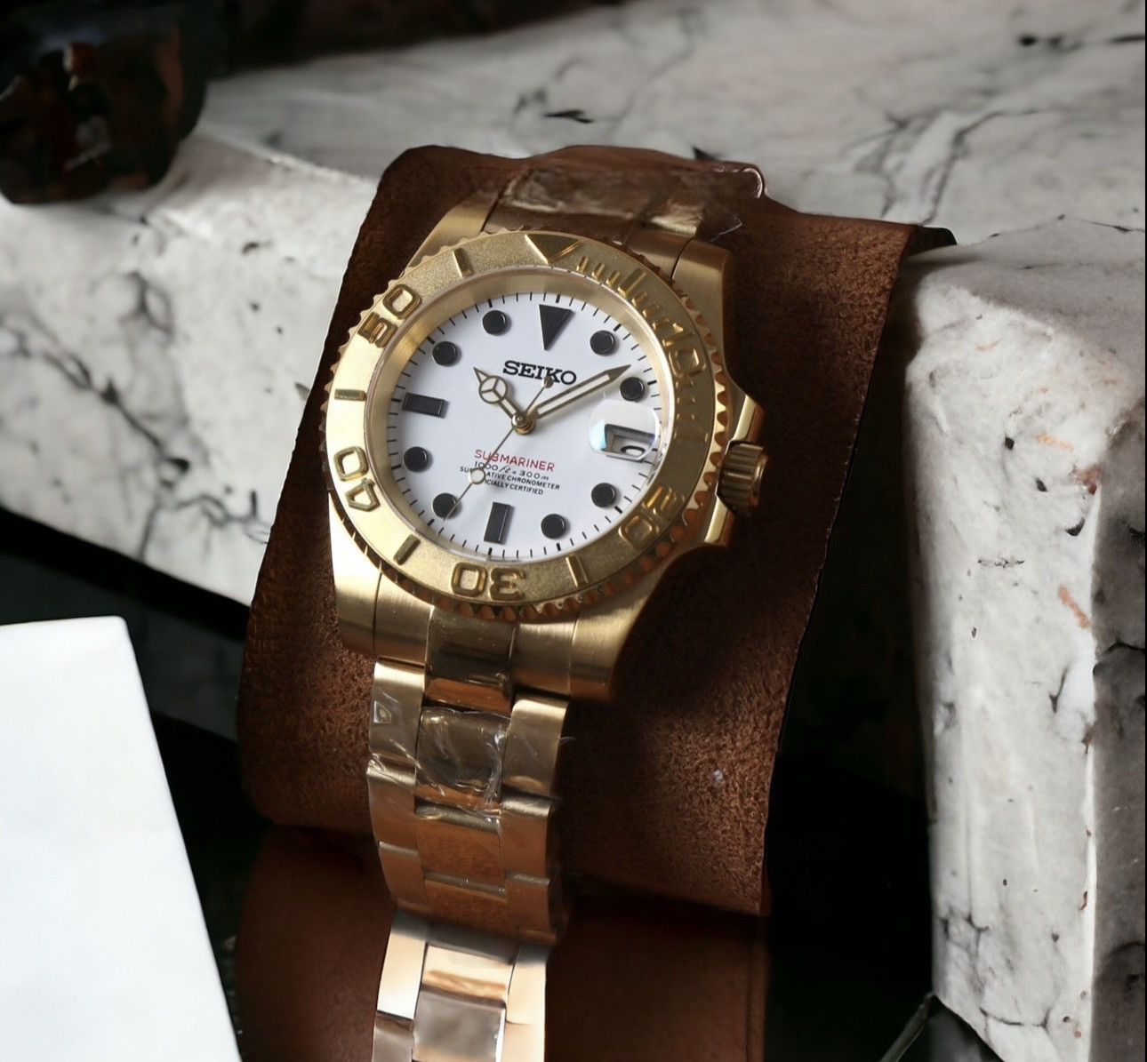 Japanese Brand Seiko Mod Submariner Date White Dial Steel Watch Gold 41mm Size ONE SIZE - 2 Thumbnail