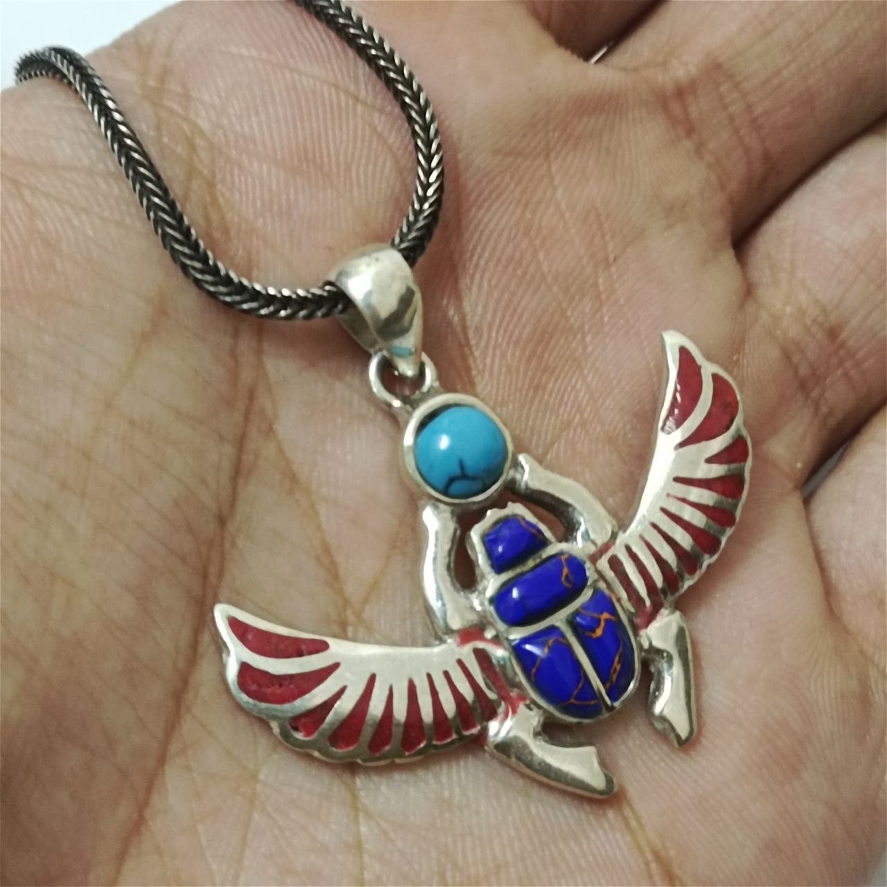 Sterling Silver 925 Egyptian Scarab Necklace – Turquoise