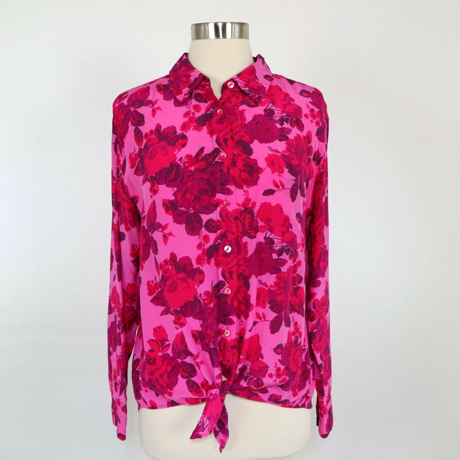 image of Equipment Silk Button-Up Shirt Blouse S Small Tie Waist Floral Pink Red Roses in White, Women's