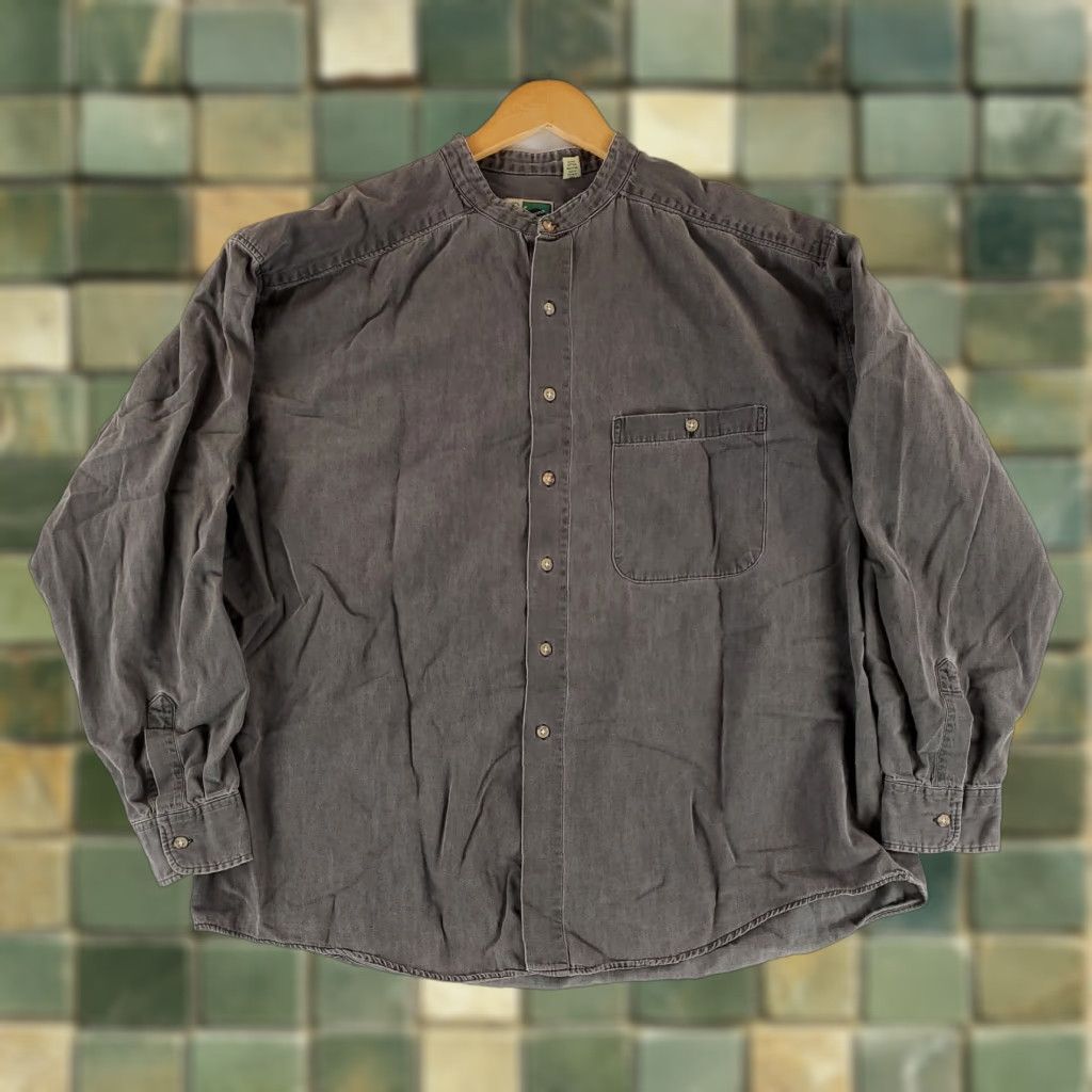 Vintage VINTAGE Johnny Cotton Chambray Button Up Shirt Banded Collar Gray Made USA Mens XL Shirt Size US XL / EU 56 / 4 - 1 Thumbnail