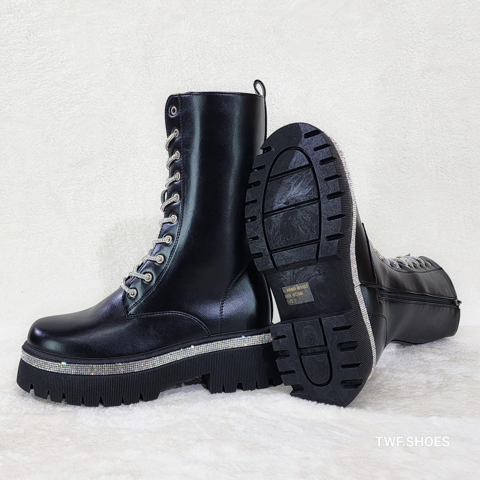 Other Combat Sparkle Mid Calf Rhinstone Platform & Laces Biker Gla Size US 6 / IT 36 - 7 Thumbnail