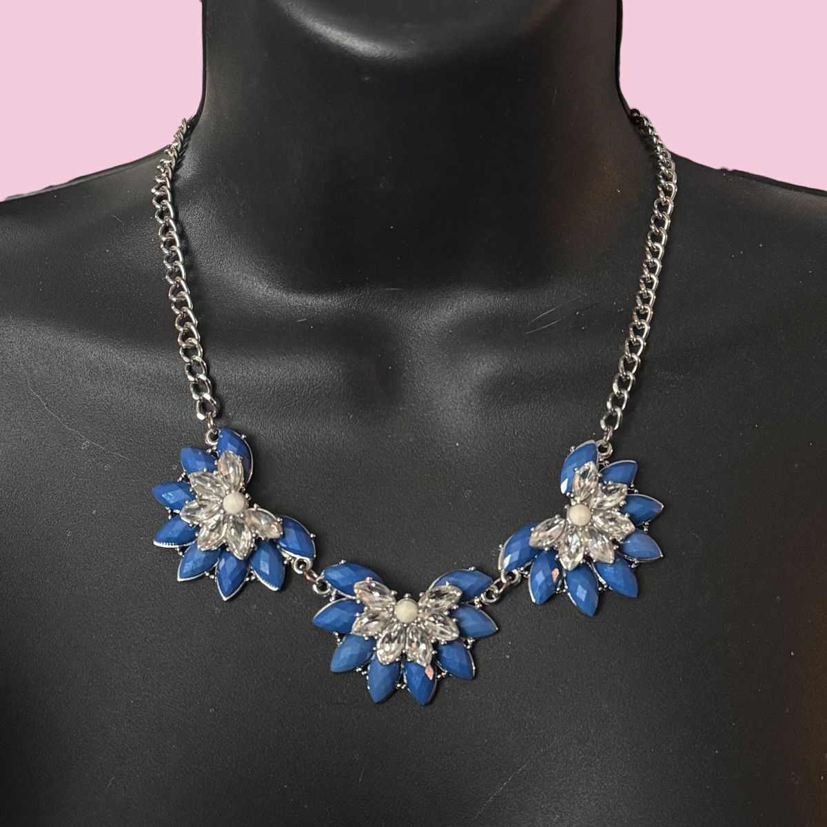 Other Silver tone blue and clear rhinestone statement necklace Size ONE SIZE - 1 Thumbnail