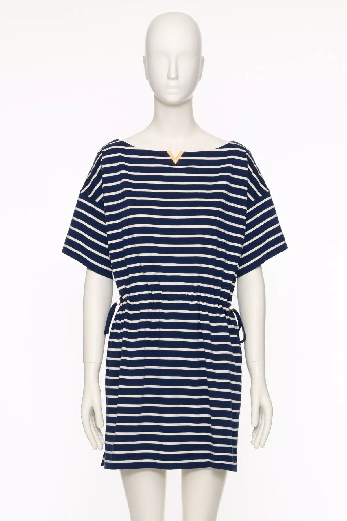 Valentino o1s1wg110625 Striped Cotton Jersey Mini Dress in Navy Blue Size L / US 10 / IT 46 - 1 Thumbnail