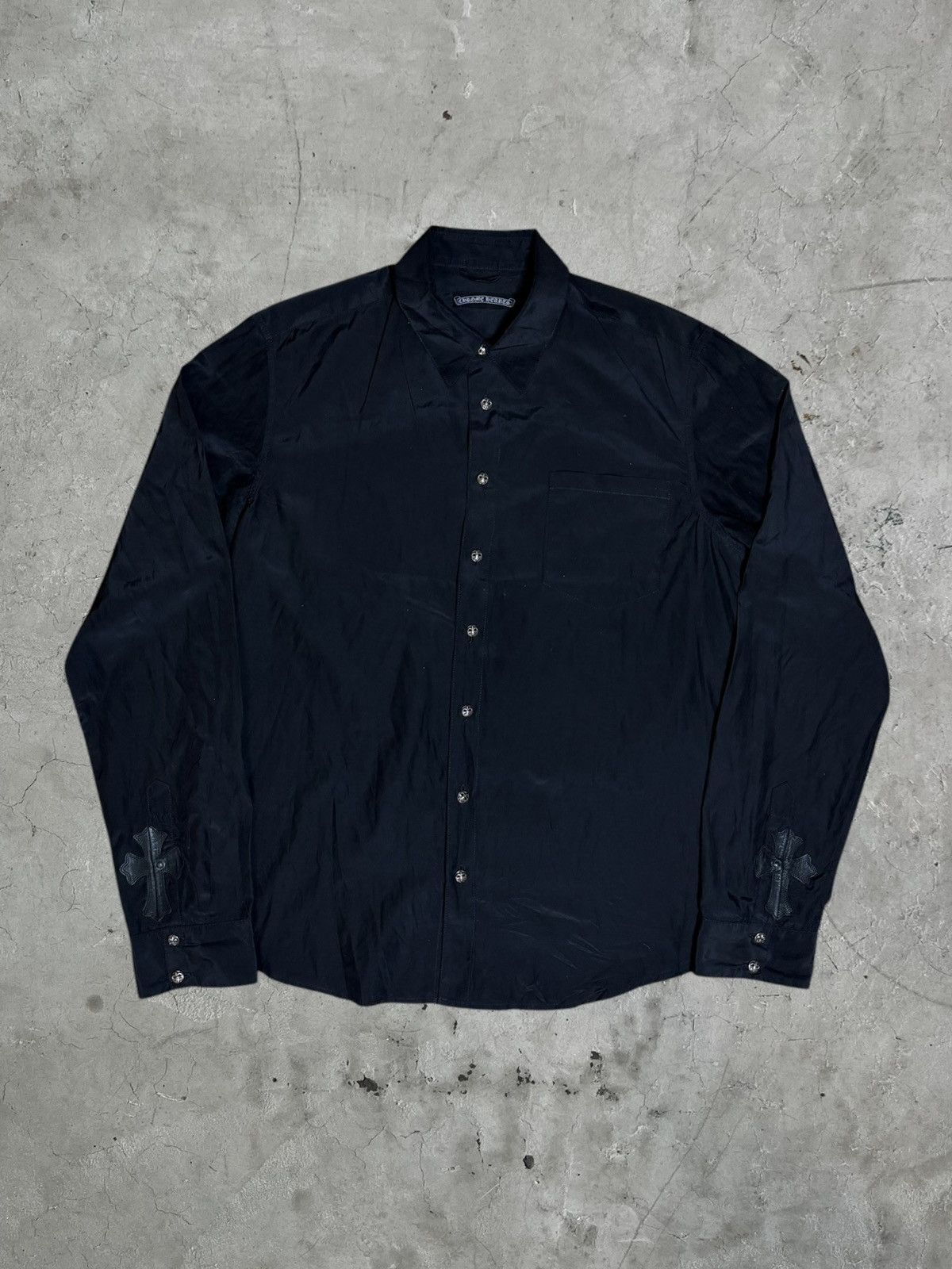 Chrome Hearts Olive & Black Leather Fleur Patch Button Up Shirt