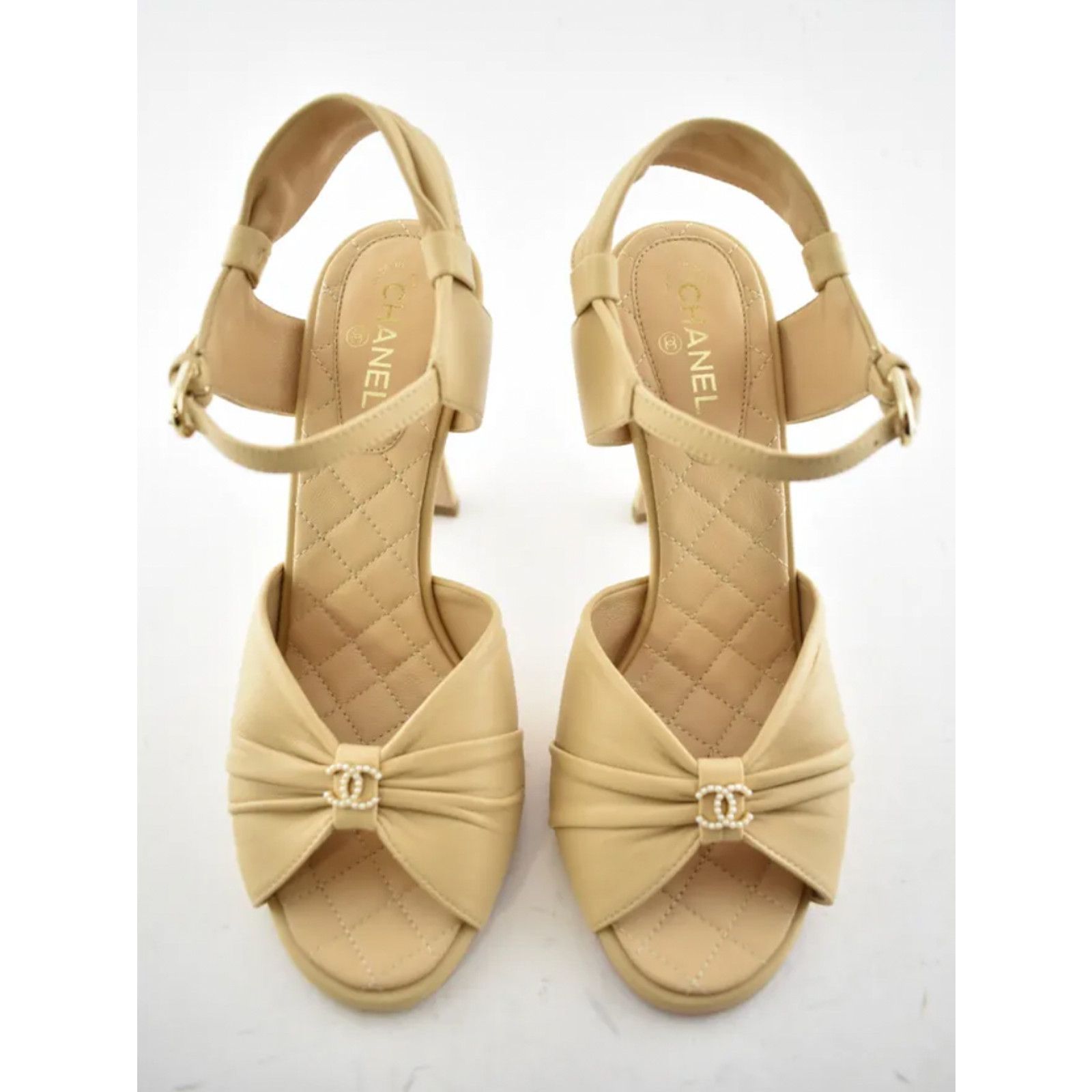 20P Lambskin CC Pearl Ankle Strap Sandals Heel Pump 37.5c