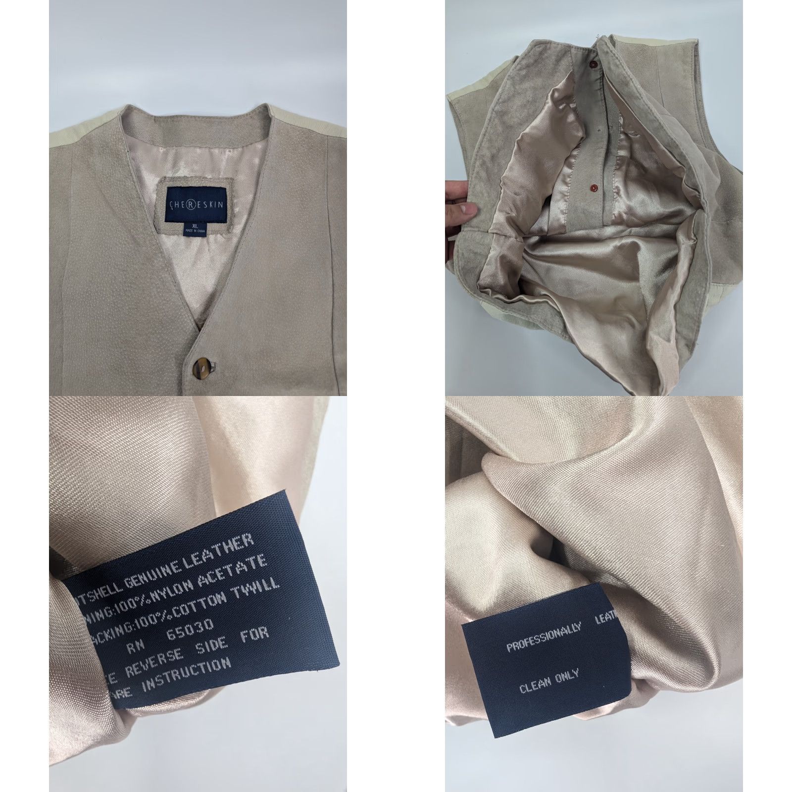 Vintage Chereskin Vest Men’s XL Beige 4 Button Front Leather Lined Chest Pockets Waist Length Adult Mens Vest Size US XL / EU 56 / 4 - 8 Thumbnail