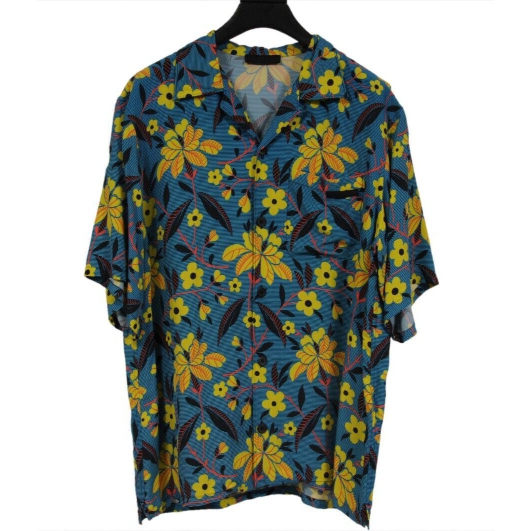 Prada Floral Button Down Shirt Blue Yellow Viscose Size US L / EU 52-54 / 3 - 1 Thumbnail