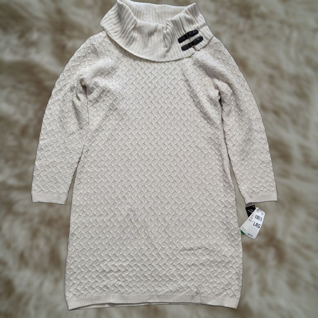 Vintage Sandra Darren Dress Beige Cable Knit Sweater Dress Turtle Neck Casual Sz L NWT Womens Size L / US 10 / IT 46 - 1 Thumbnail