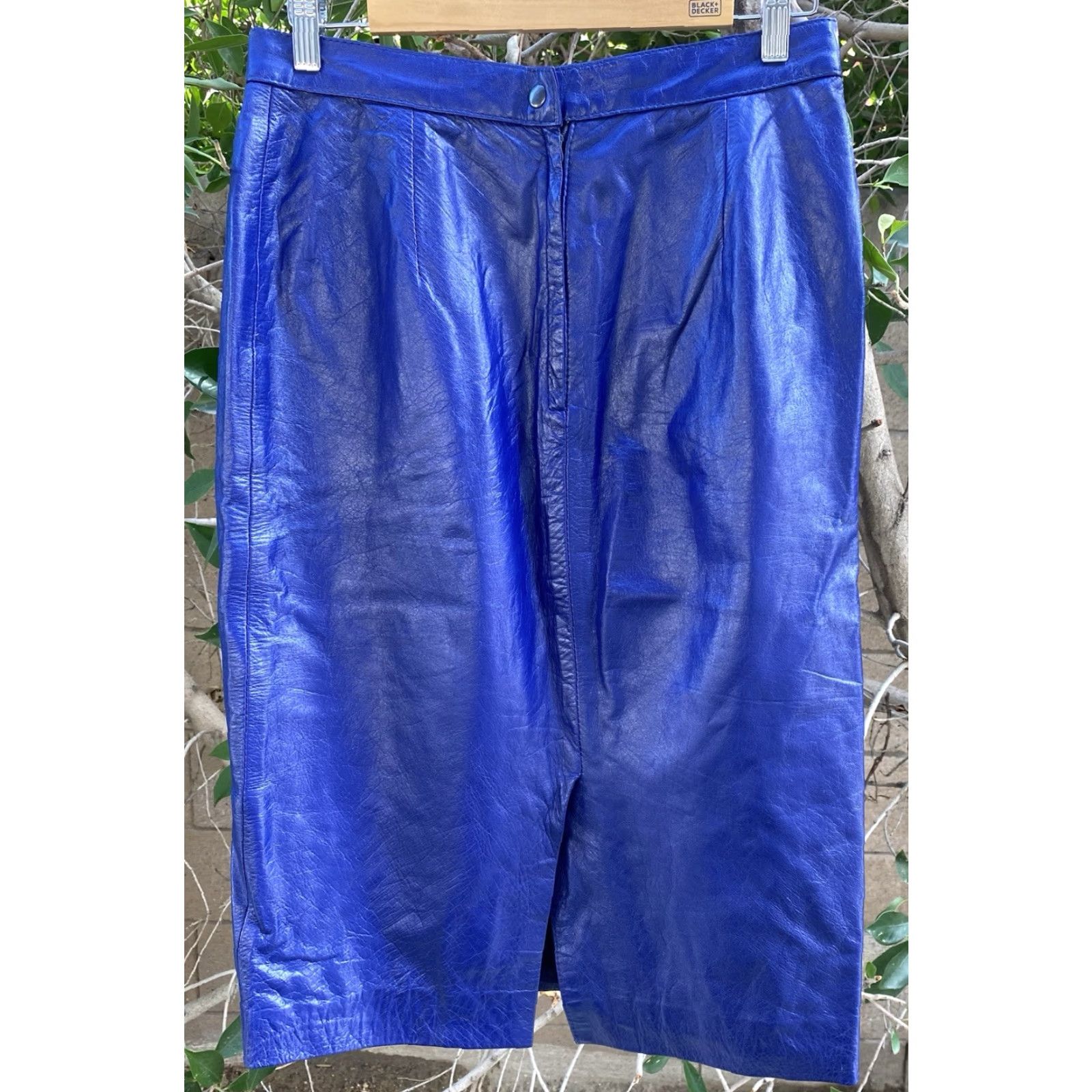 Vintage VINTAGE Blue Leather Pencil Skirt High Waist 1980s 80s Rocker Punk New Wave 30.5 inch waist Womens Size 24" / US 00 / IT 34 - 2 Thumbnail