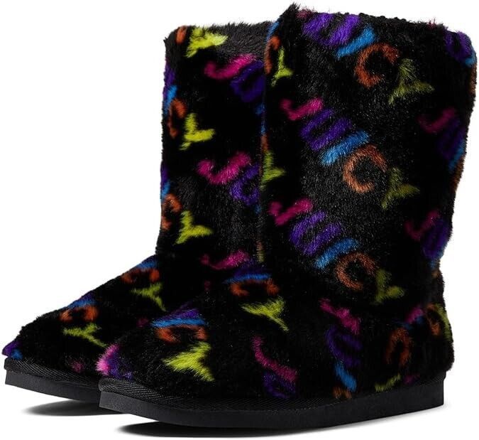 Juicy Couture Kam Faux Fur Slipper Boot Black Rainbow ( 10 )