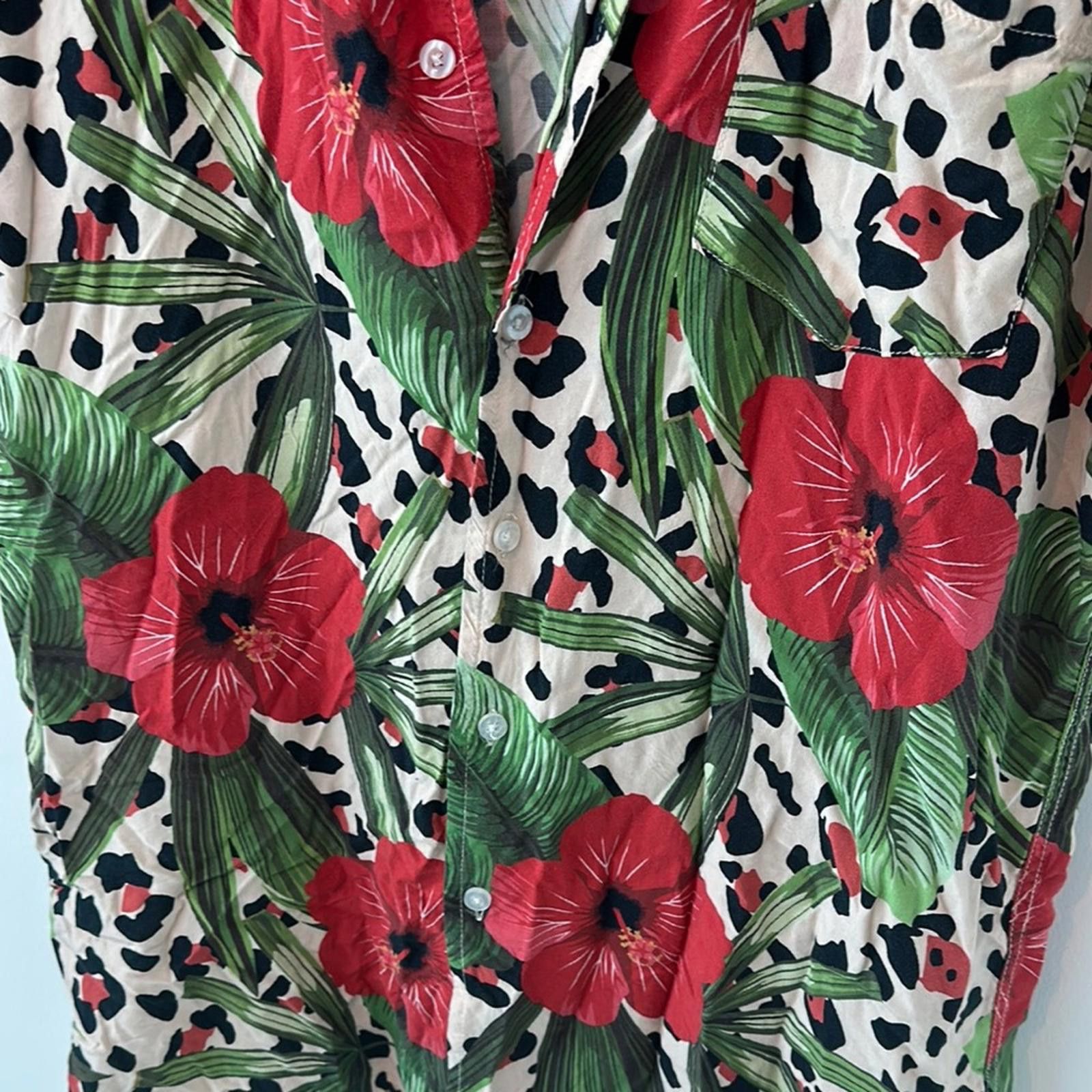 DIVINITIES Tropical Red and Green Short Sleeve Button Down Shirt Size L / US 10 / IT 46 - 4 Thumbnail
