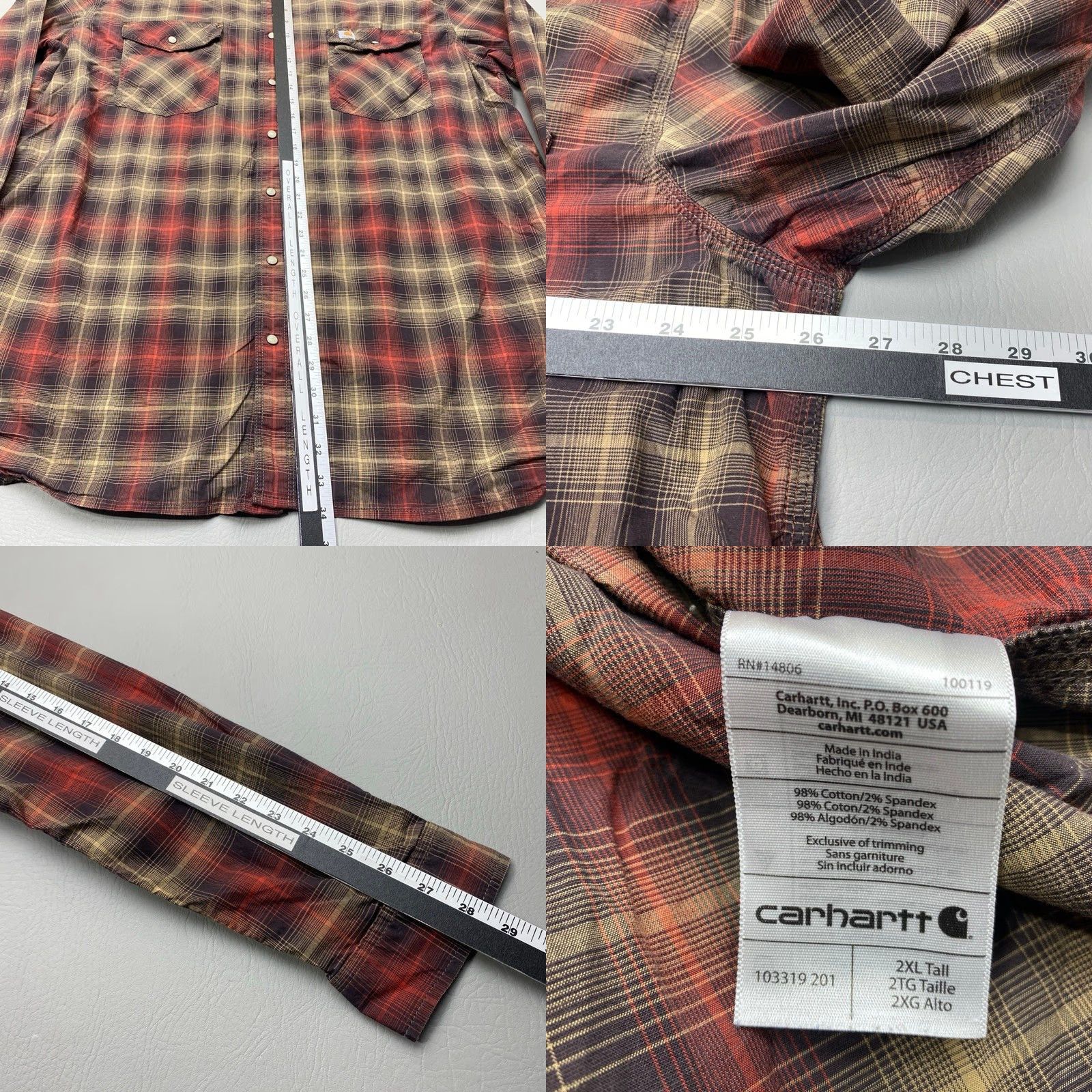 Carhartt Carhartt Rugged Flex Mens 2XL Regular Fit Shirt Brown Plaid Pearl Snap Pockets Size US XXL / EU 58 / 5 - 8 Thumbnail
