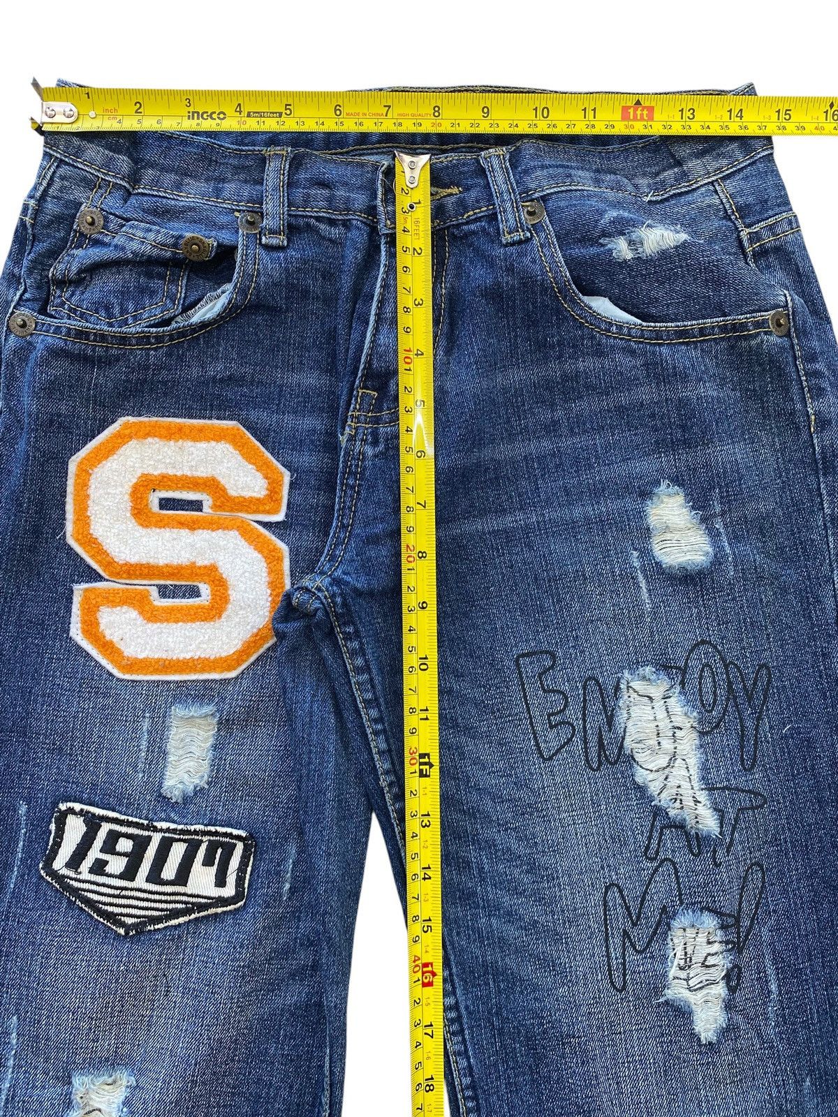 Blue Sky Inn Blue Sky Distressed Patch Work Style Straight Leg Jeans Size US 29 - 6 Thumbnail
