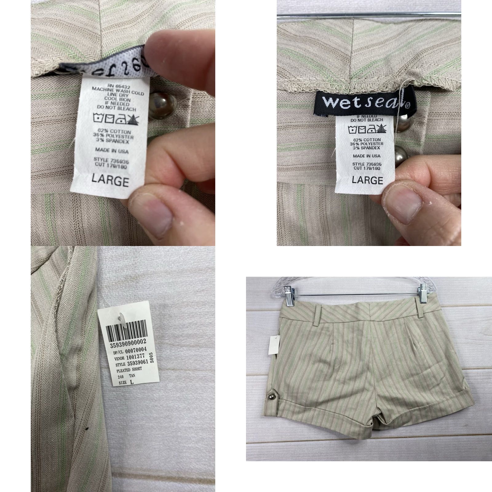 Vintage VTG Wet-seal Shorts Sz L Striped Pleated Mini Beige 90s Grunge Festival Cowgirl NWT/NYC Beach Womens Size 36" / US 14 / IT 50 - 8 Thumbnail
