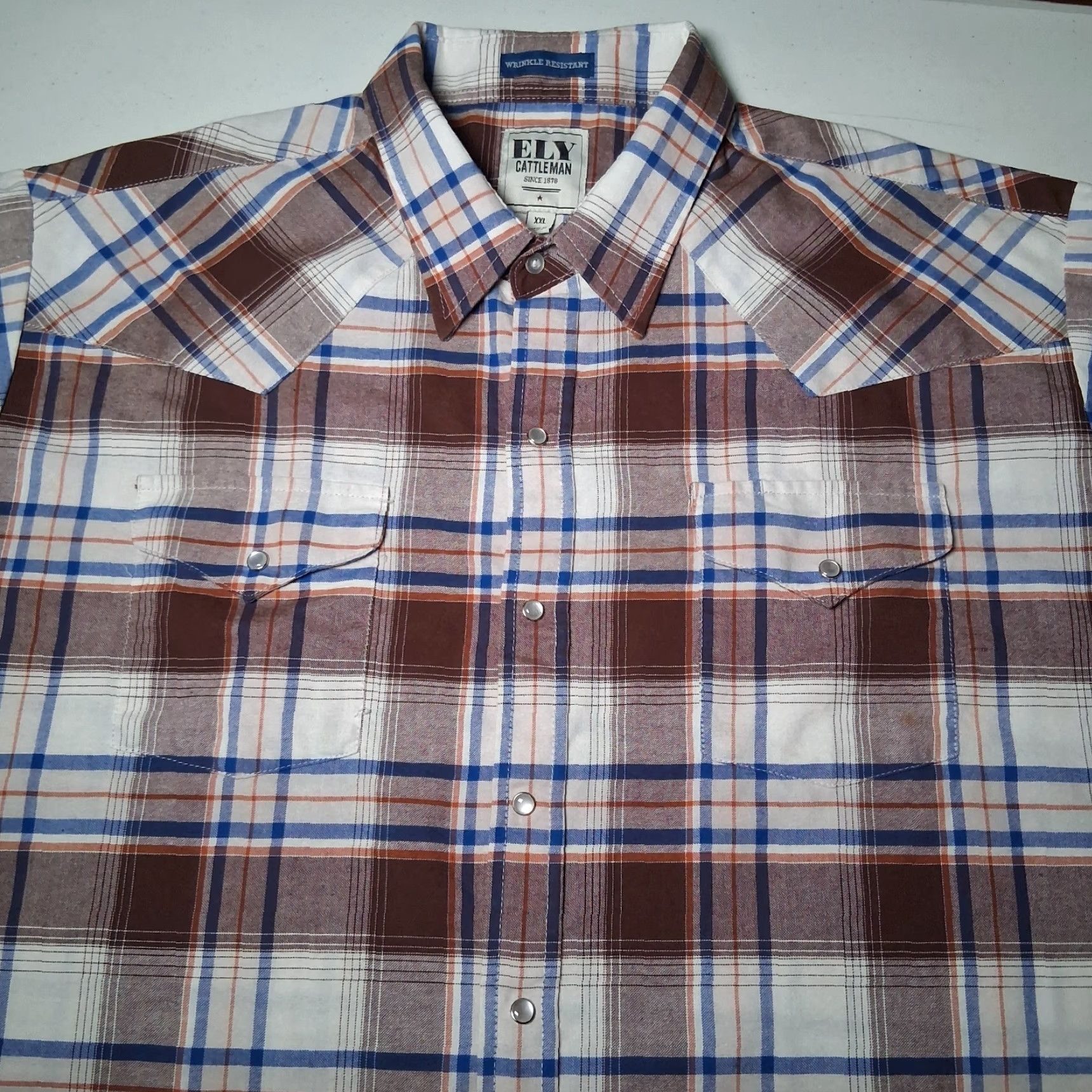 Vintage Ely Cattleman Shirt Men 2XL Plaid Brown Blue Pearl Snap Western Workwear Button-Up Pocket Short Sleeve Casual Ranchwear Size US XXL / EU 58 / 5 - 2 Thumbnail
