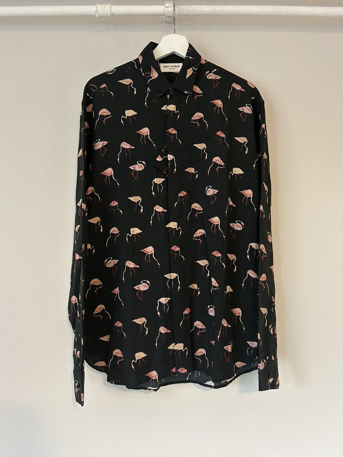 Saint Laurent Paris Saint Laurent Flamingo Print Button-Up Shirt, Black, Viscose Size US L / EU 52-54 / 3 - 2 Thumbnail