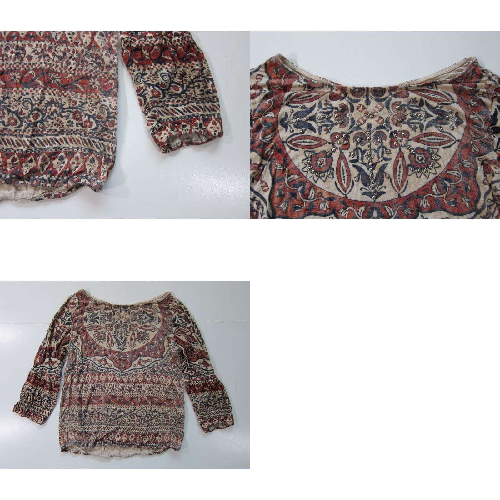 Lucky Brand Lucky Brand Blouse Geometric Beaded Batik Scoop Neck 3/4 Sleeve Grey Brown Women M Size M / US 6-8 / IT 42-44 - 8 Thumbnail