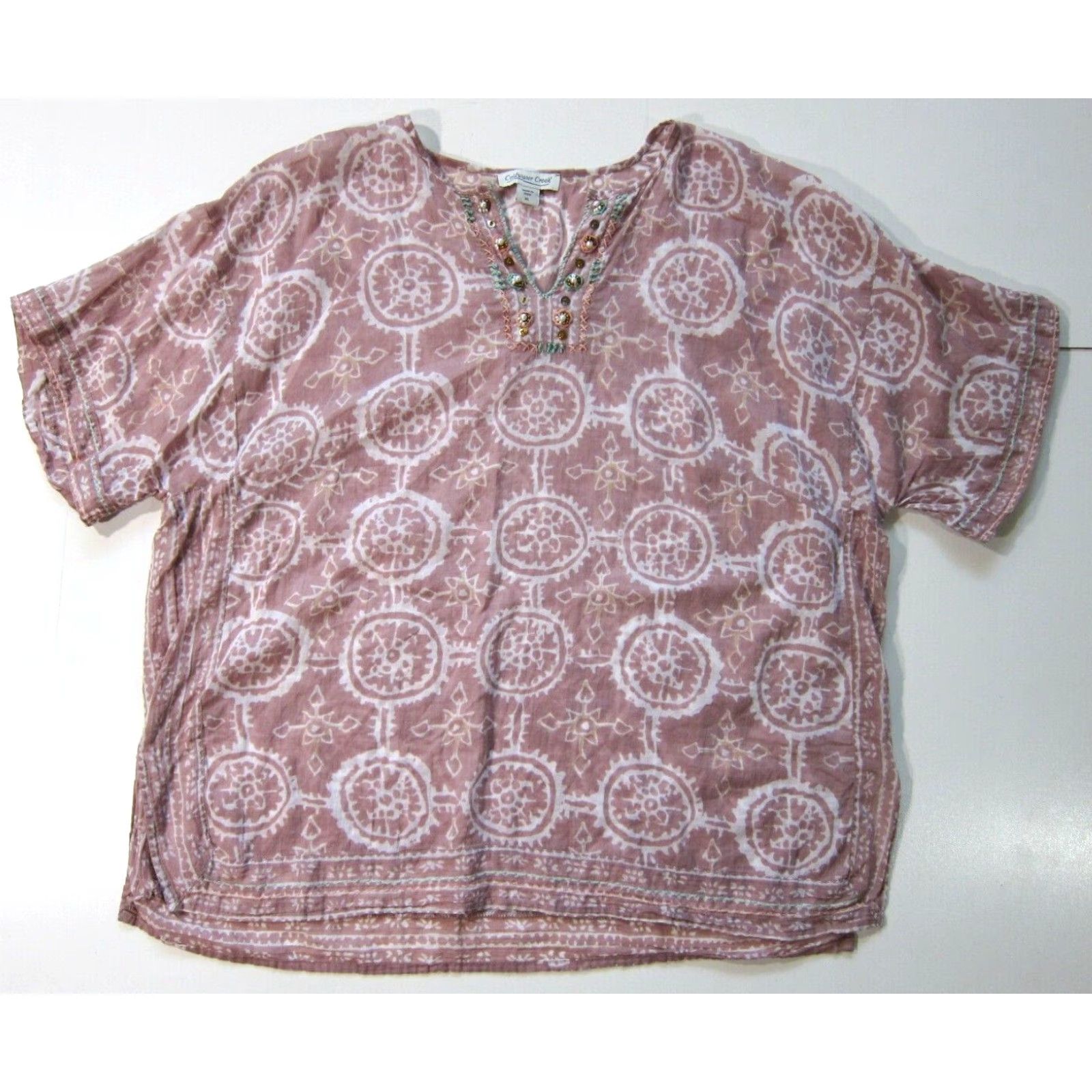 Coldwater Creek Pink White Beaded Lightweight Tunic Peasant Blouse Women XL