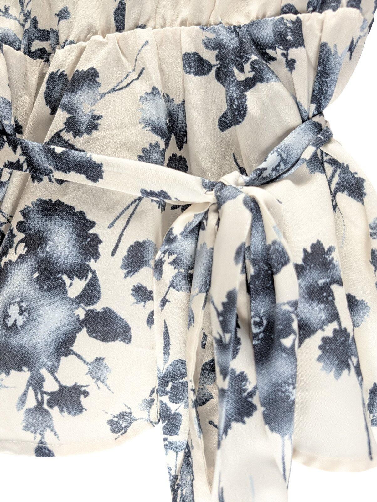 Allegri Allegra K Blouse M Tie Waist Ruffle Sleeve White Blue Floral Size M / US 6-8 / IT 42-44 - 4 Thumbnail