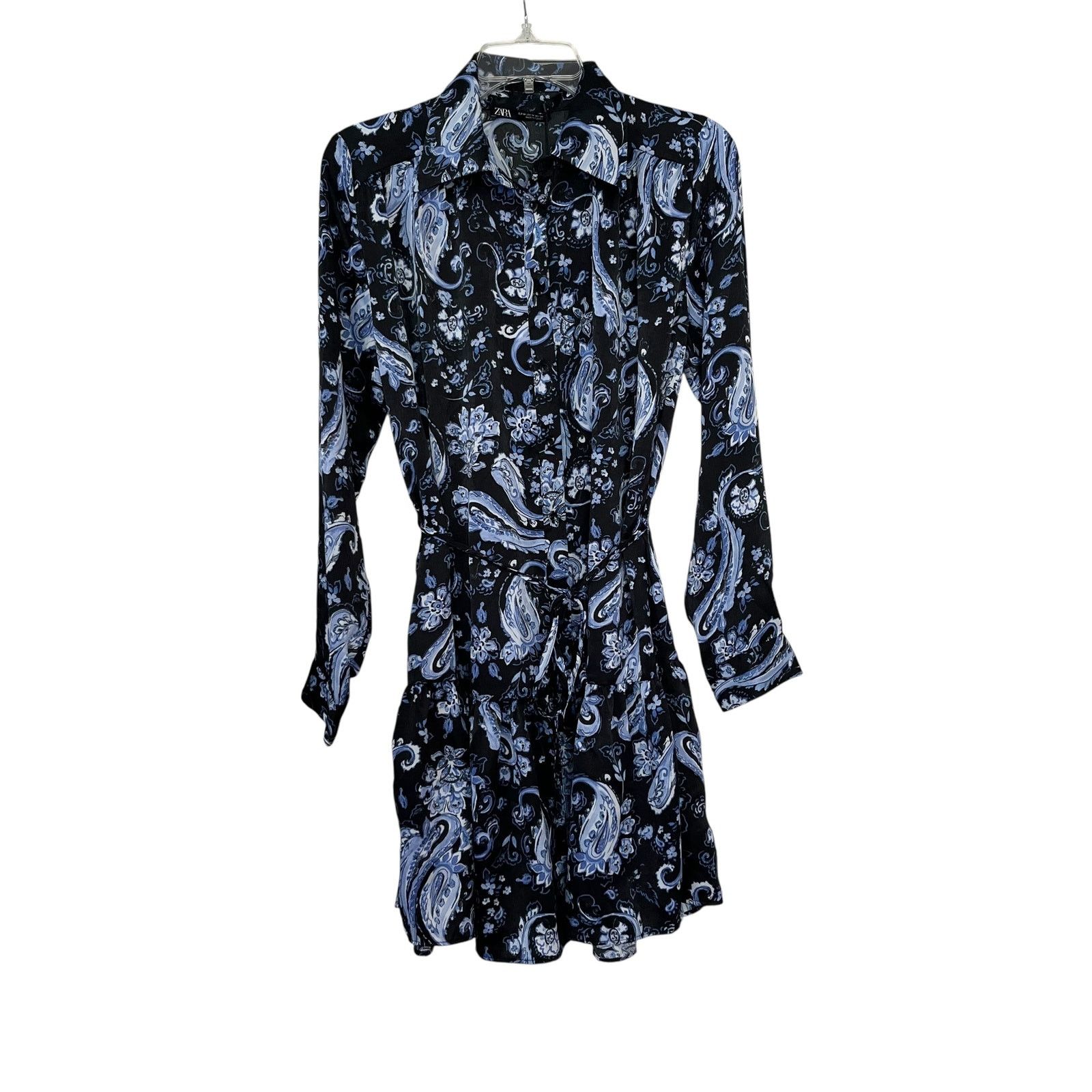 Zara ZARA Blue Black Printed Flounced Shirt Dress M Mini Belted Size M / US 6-8 / IT 42-44 - 4 Thumbnail