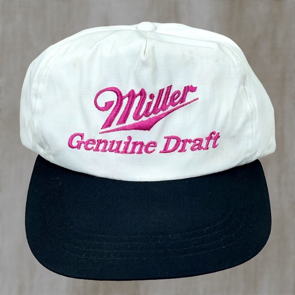 Vintage VINTAGE Miller High Life Trucker Hat Cap Snapback Beer Genuine Draft Pink Logo Hat Mens Adjustable White Twill 90s Logo Size ONE SIZE - 1 Thumbnail