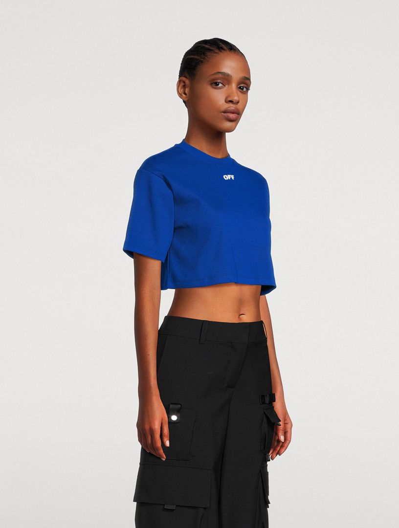 Off-White o1mle0425 Stamp Ribbed Cropped T-Shirt in Blue Size M / US 6-8 / IT 42-44 - 4 Thumbnail