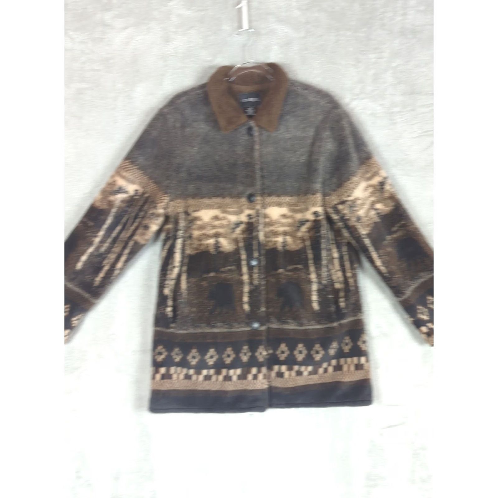 Vintage VINTAGE 90s Sherpa Fleece Jacket Women's M Cabincore Landscape Art to Wear Jacket White? Brown; OutBrook; Pockets Size M / US 6-8 / IT 42-44 - 2 Thumbnail