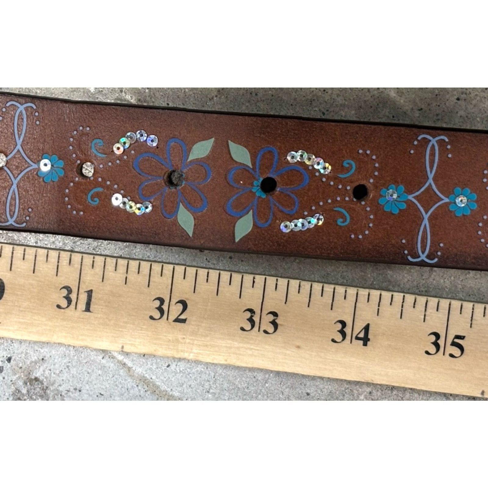 Vintage VINTAGE Aéropostale Leather Belt Women’s Small Brown Floral Sequins 1.5” Y2K Size ONE SIZE - 6 Thumbnail